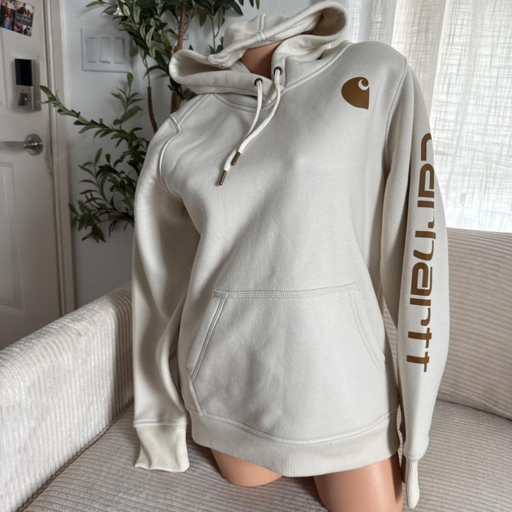 Carhartt logo sleeve cream and brown pullover hoodie - Picture 2 of 3
